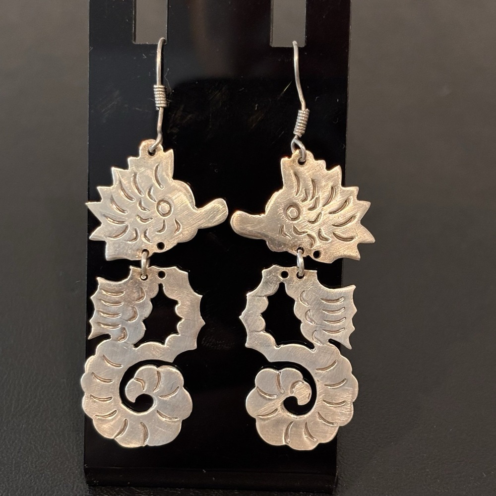 Vintage Taxco Mexico Sterling Silver Signed Articulated Seahorse Dangle Earrings